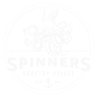 It's a logo featuring an octopus, text "Spinners Rooftop Grille," and graphic elements.