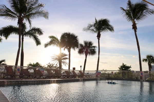 A tranquil pool at sunset flanked by palm trees and lounge chairs, evoking a serene holiday vibe.