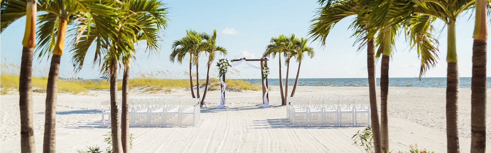 Sandy beach pathway with palm trees leading to the ocean, rows of white chairs on both sides, blue sky above.