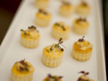 A tray of canapés, possibly with a creamy filling and herbs on top, intended as appetizers.