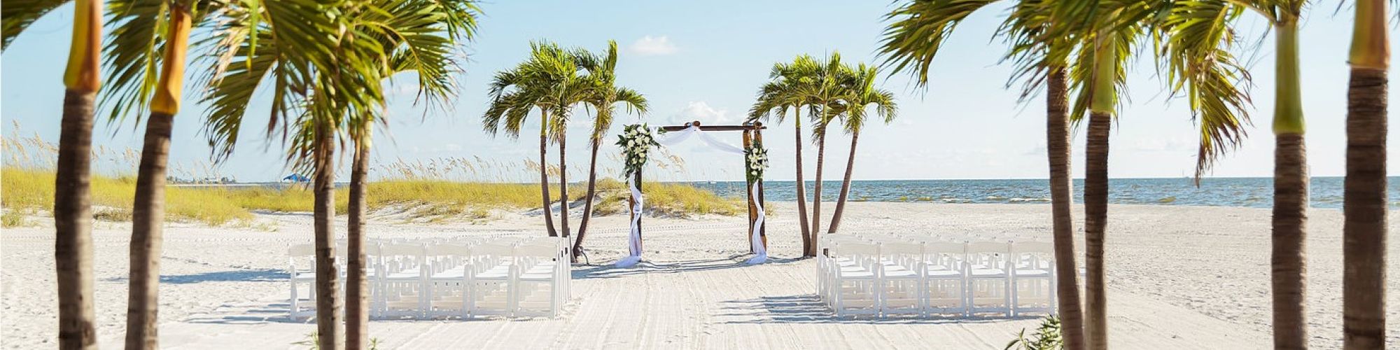 A beach setup for a wedding ceremony with white chairs, palm trees lining the walkway, and an arch adorned with flowers near the shoreline.