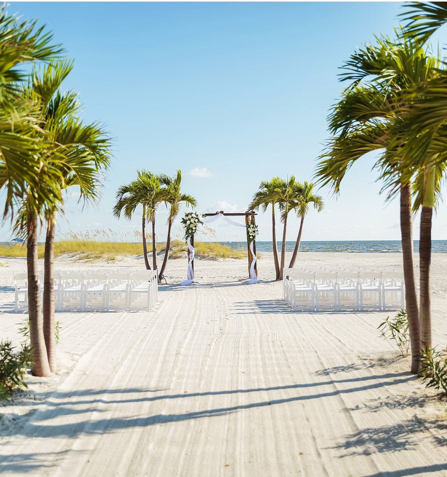 A beachside setup with palm trees, white chairs, and an archway, likely prepared for an outdoor event or wedding ceremony, is shown.