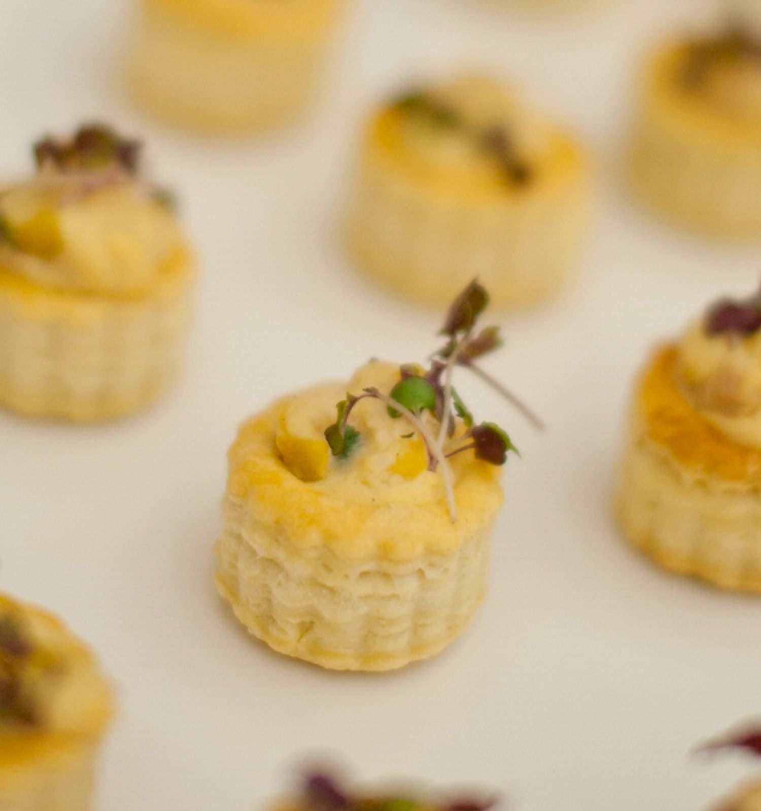 The image shows a tray with several small, intricately prepared appetizers, possibly vol-au-vents, garnished with herbs.