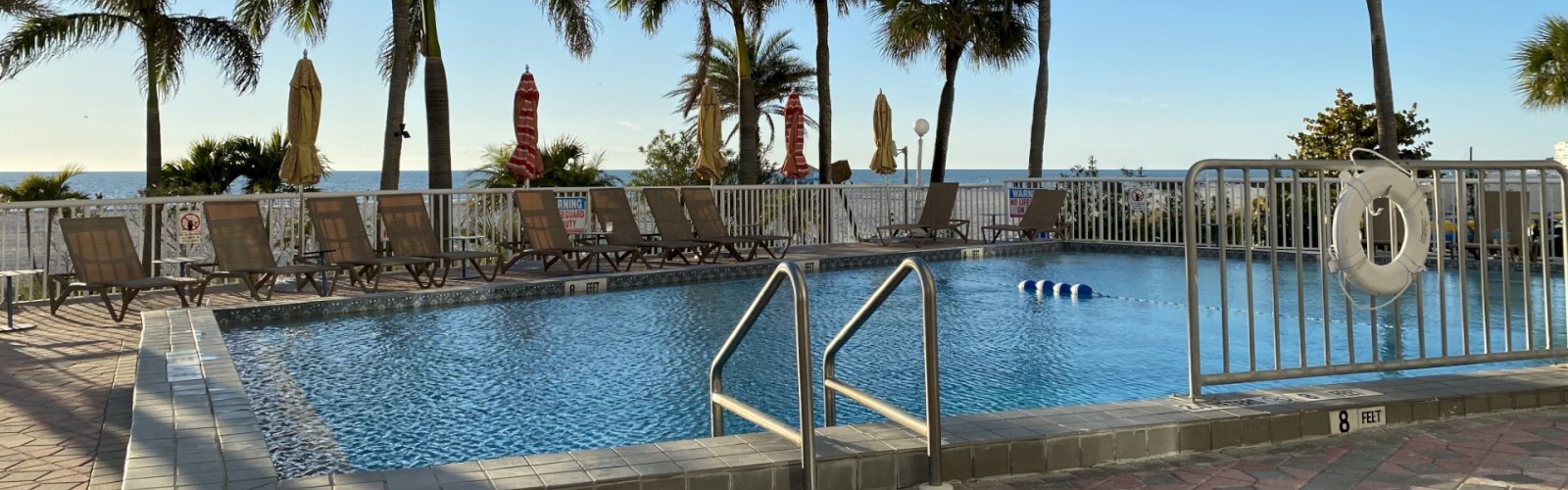 A pool with clear water is surrounded by lounge chairs, palm trees, and a beach view. The scene suggests a relaxed, tropical setting.