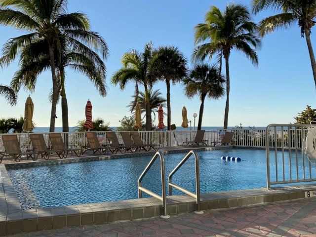 This image shows a serene pool area surrounded by lounge chairs and palm trees, overlooking a body of water under a clear sky.