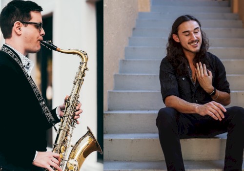 The image shows a man playing a saxophone on the left and another man sitting on stairs, smiling, and touching his chest on the right.