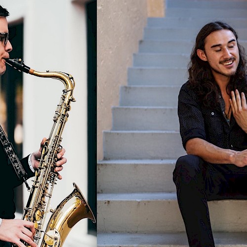 The image shows a man playing a saxophone on the left and another man sitting on stairs, smiling, and touching his chest on the right.