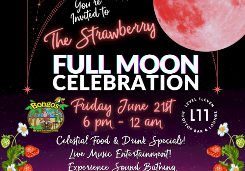You're invited to the Strawberry Full Moon Celebration on Friday, June 21st, 6 pm - 12 am. Celestial food, live music, sound bathing, and more.