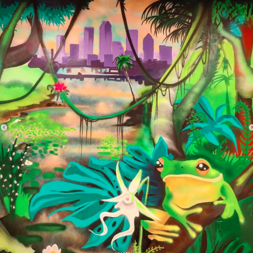 A colorful mural showcases a frog in a vibrant jungle scene with a cityscape in the background, combining nature and urban elements.