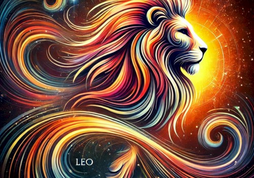 A vibrant artistic representation of a lion, symbolizing the astrological sign Leo, with swirling colorful lines and a bright, glowing background.