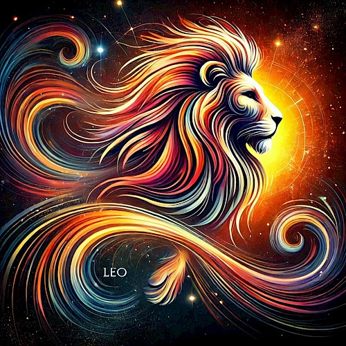 A vibrant artistic representation of a lion, symbolizing the astrological sign Leo, with swirling colorful lines and a bright, glowing background.