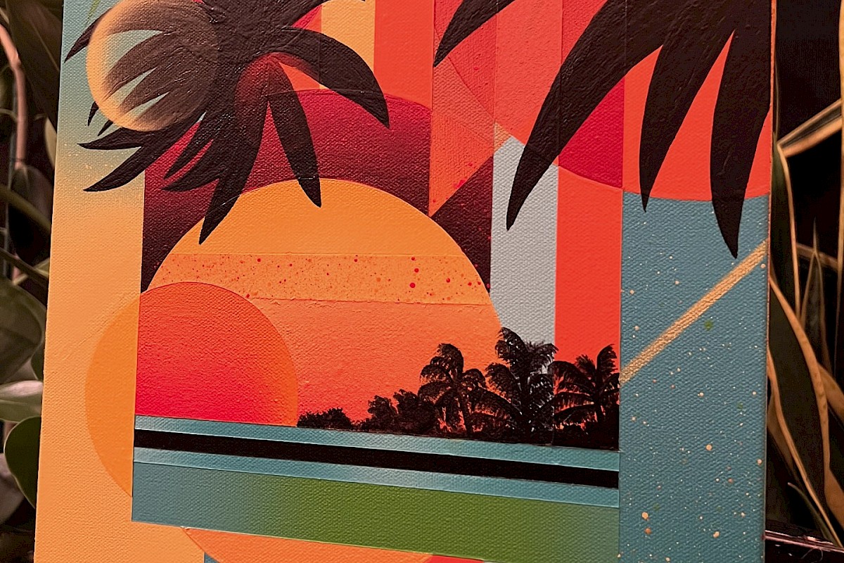 The image shows a colorful, abstract painting of a tropical sunset with palm trees and geometric shapes, set against a backdrop of plants.