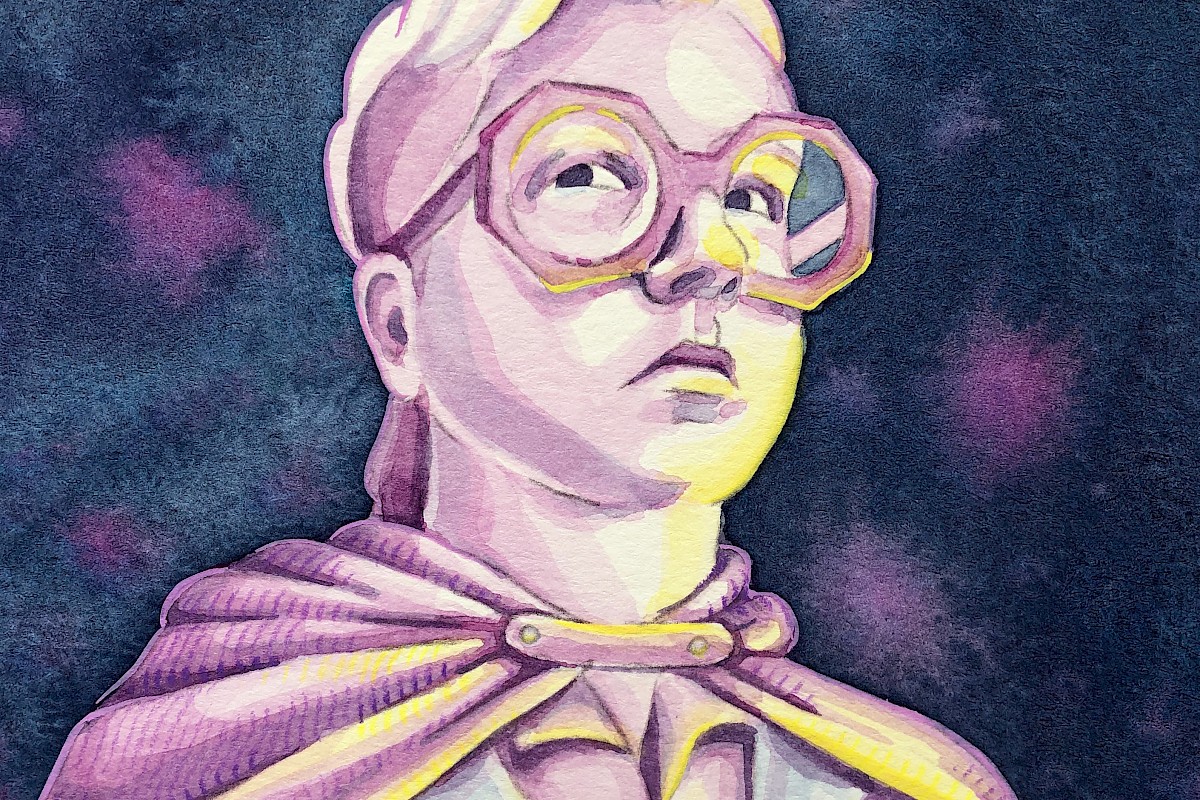 Watercolor of Rhys Meatyard in a self-portrait.