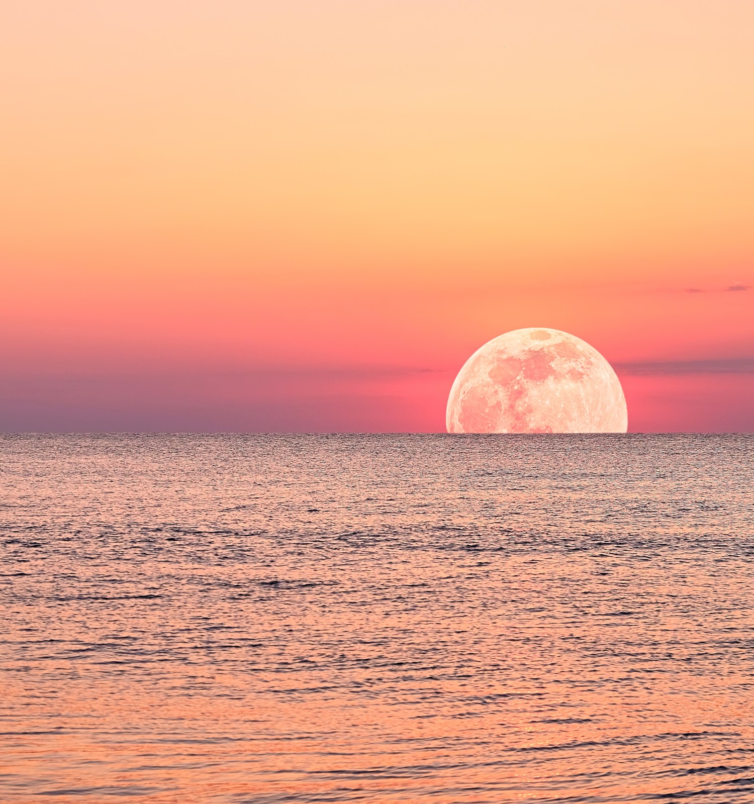 Full moon rising above the Gulf of Mexico in a pink sky.