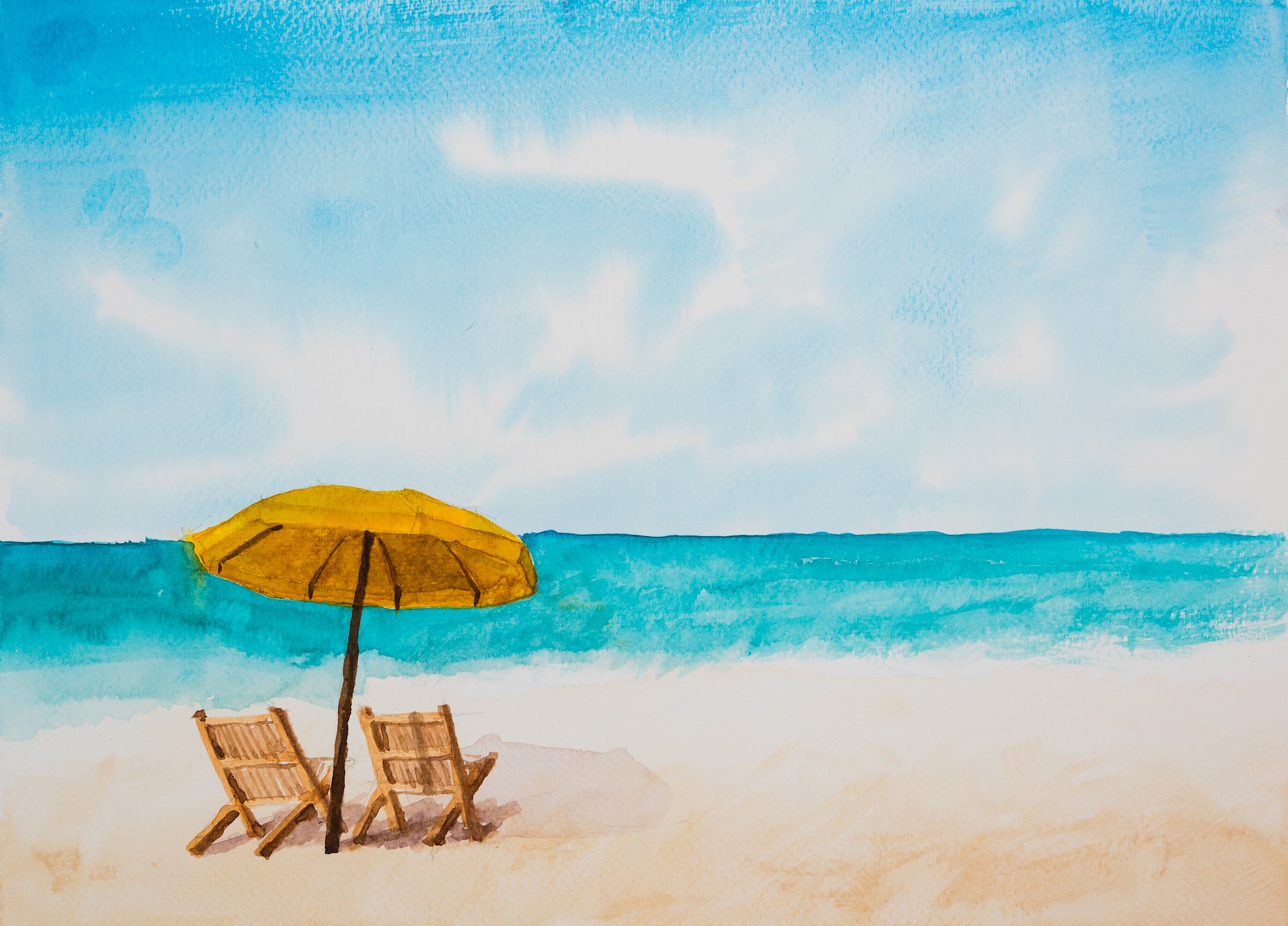 A serene beach scene with two wooden chairs under a yellow umbrella, facing a calm turquoise ocean beneath a blue sky with scattered clouds.