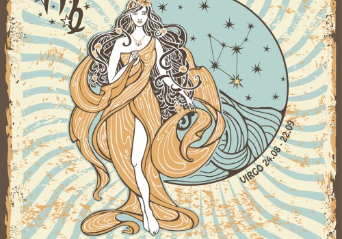 An artistic depiction of the Virgo zodiac sign, featuring a woman in flowing robes with the Virgo constellation and dates 