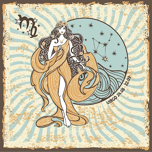 An artistic depiction of the Virgo zodiac sign, featuring a woman in flowing robes with the Virgo constellation and dates 