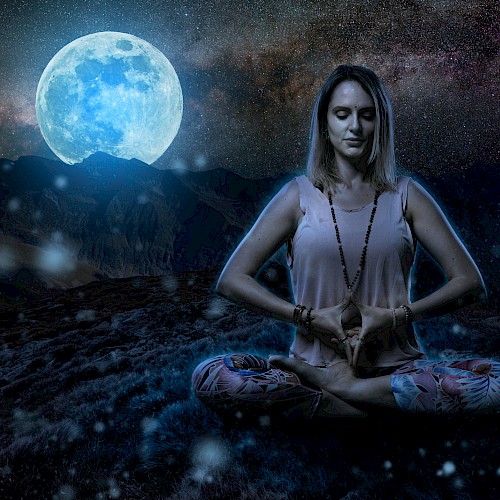 Illustration of woman in yoga pose with a full moon rising in the background.