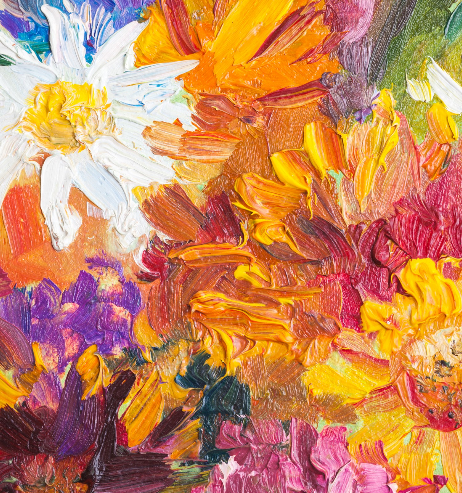 Flower painting done in impasto style with thick brush strokes.